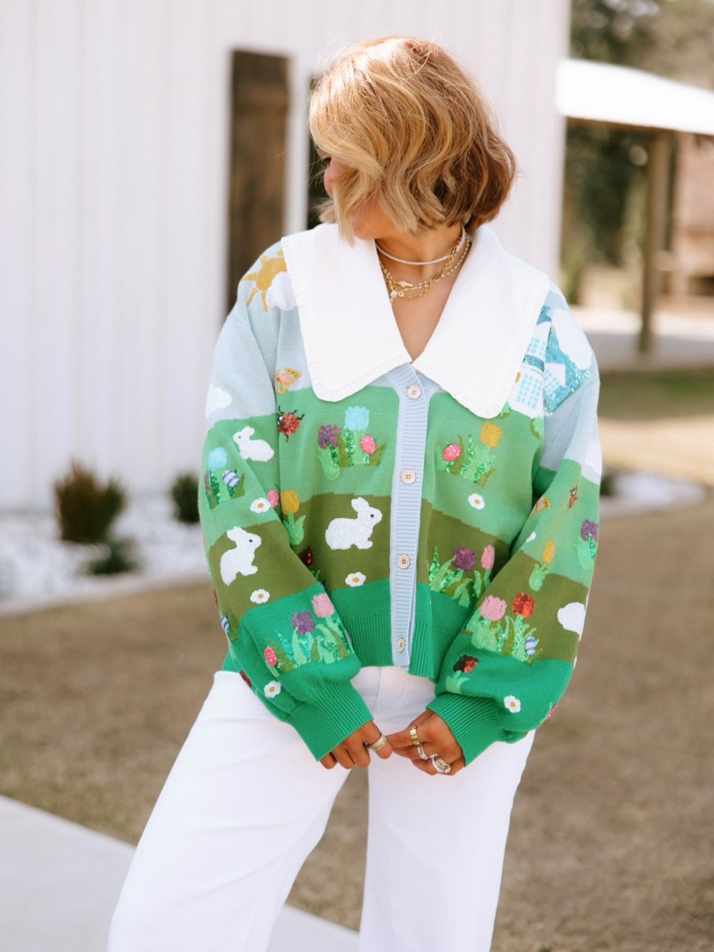 new QUEEN OF SPARKLES Light Blue & Green Embroidered Sequined Spring Cardigan - Picture 9 of 9
